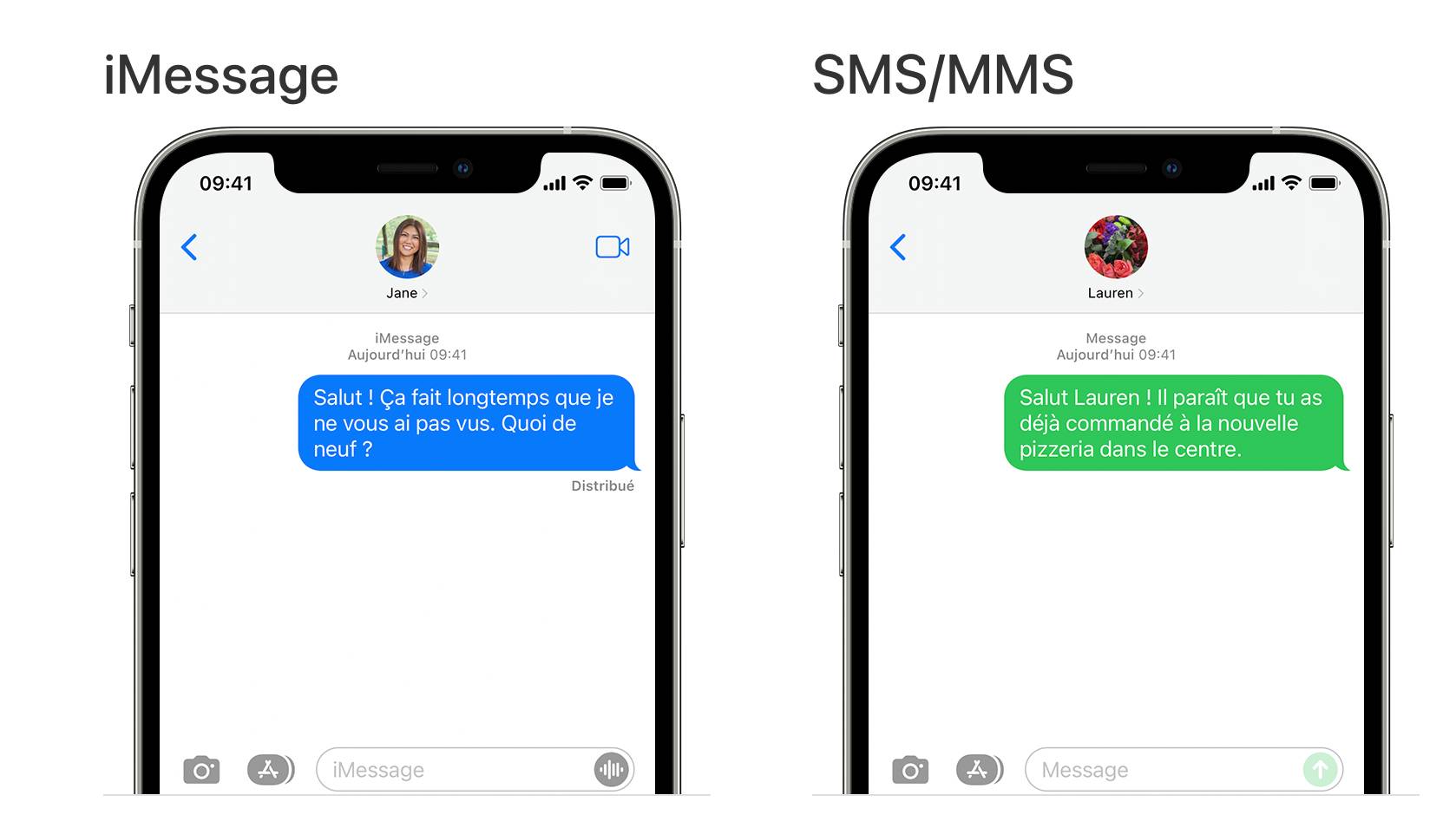 A la derecha, un mensaje enviado a través de iMessage en azul, a la izquierda, en verde, a través de SMS.