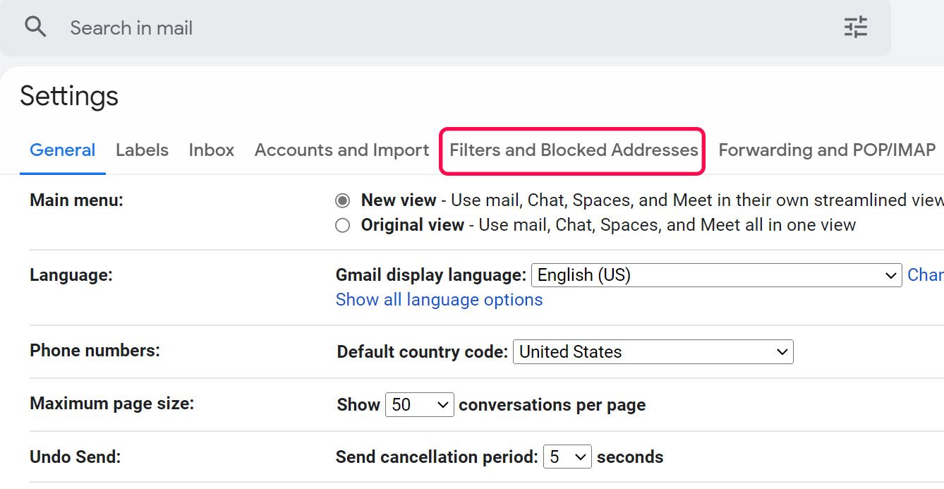 filtros y direcciones bloqueadas en Gmail