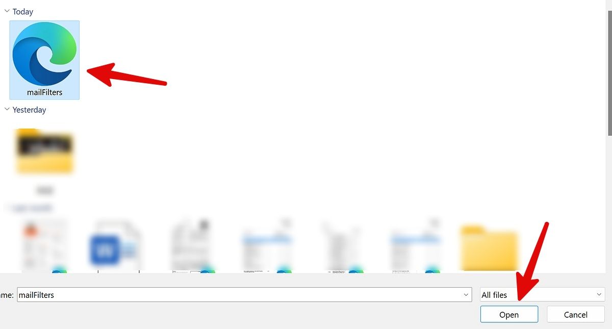 seleccione el archivo de filtro de Gmail