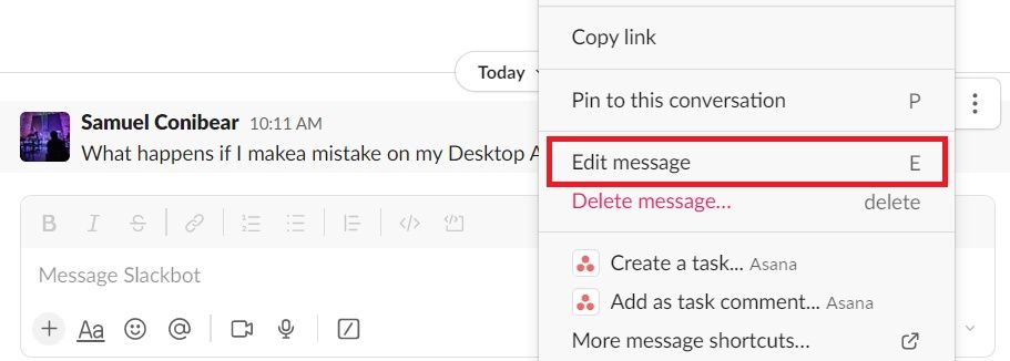 Menú de mensajes de Slack con la opción de editar mensaje resaltada