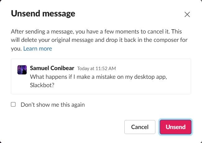 Mensaje de aviso de Slack que pregunta al usuario si desea anular el envío de un mensaje de forma permanente.