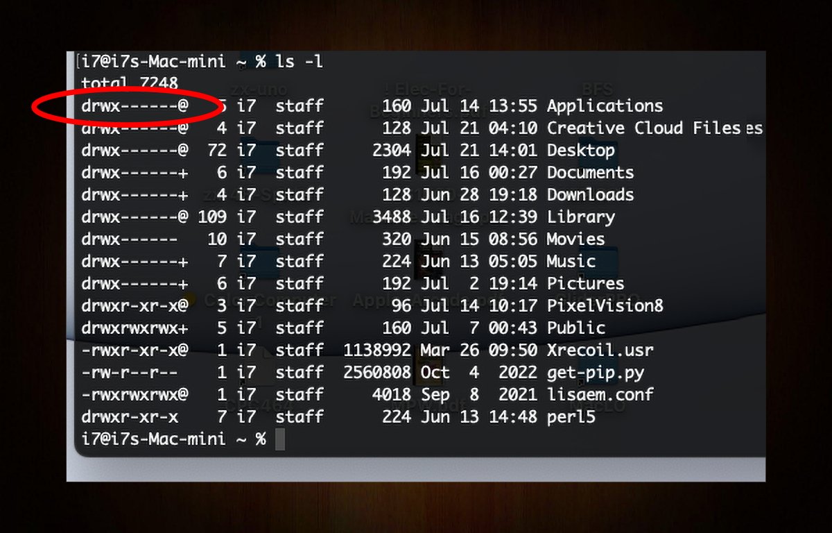 Listado usando ls -l para enumerar el contenido de la carpeta en la aplicación Terminal de macOS.