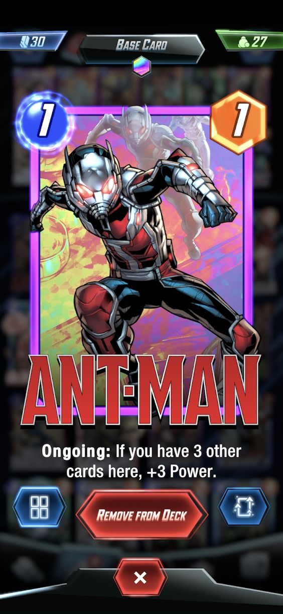 Captura de pantalla de Marvel Snap que muestra la tarjeta del hombre hormiga