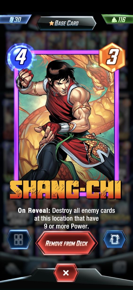 captura de pantalla de marvel snap que muestra la tarjeta shang-chi